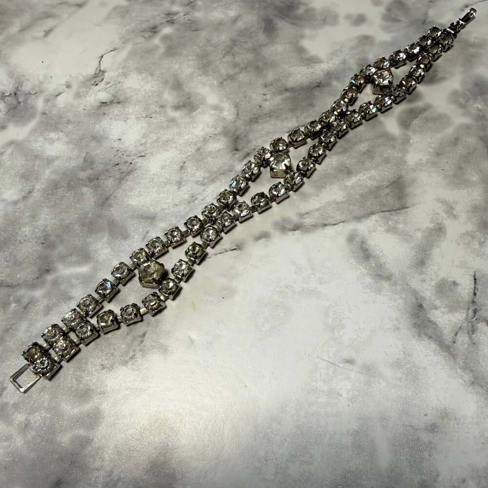 Vintage 1950s Clear Rhinestone Double Strand Bracelet with Octagon Centerpiece - Picture 2 of 3